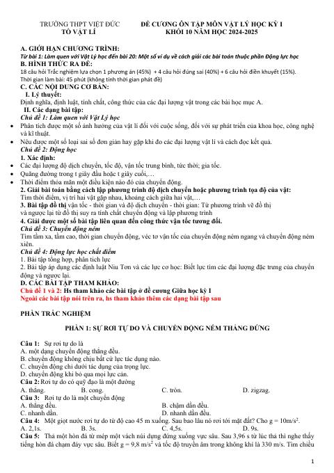 Đề cương ôn tập Học kì 1 Vật lí 10 năm 2024–2025 trường THPT Việt Đức (Hà Nội)